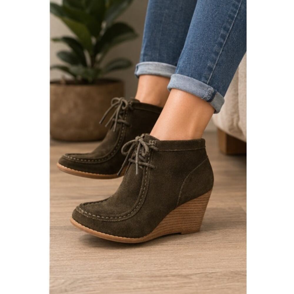 Lucky Brand Olive Suede Wedge Booties Size 7.5